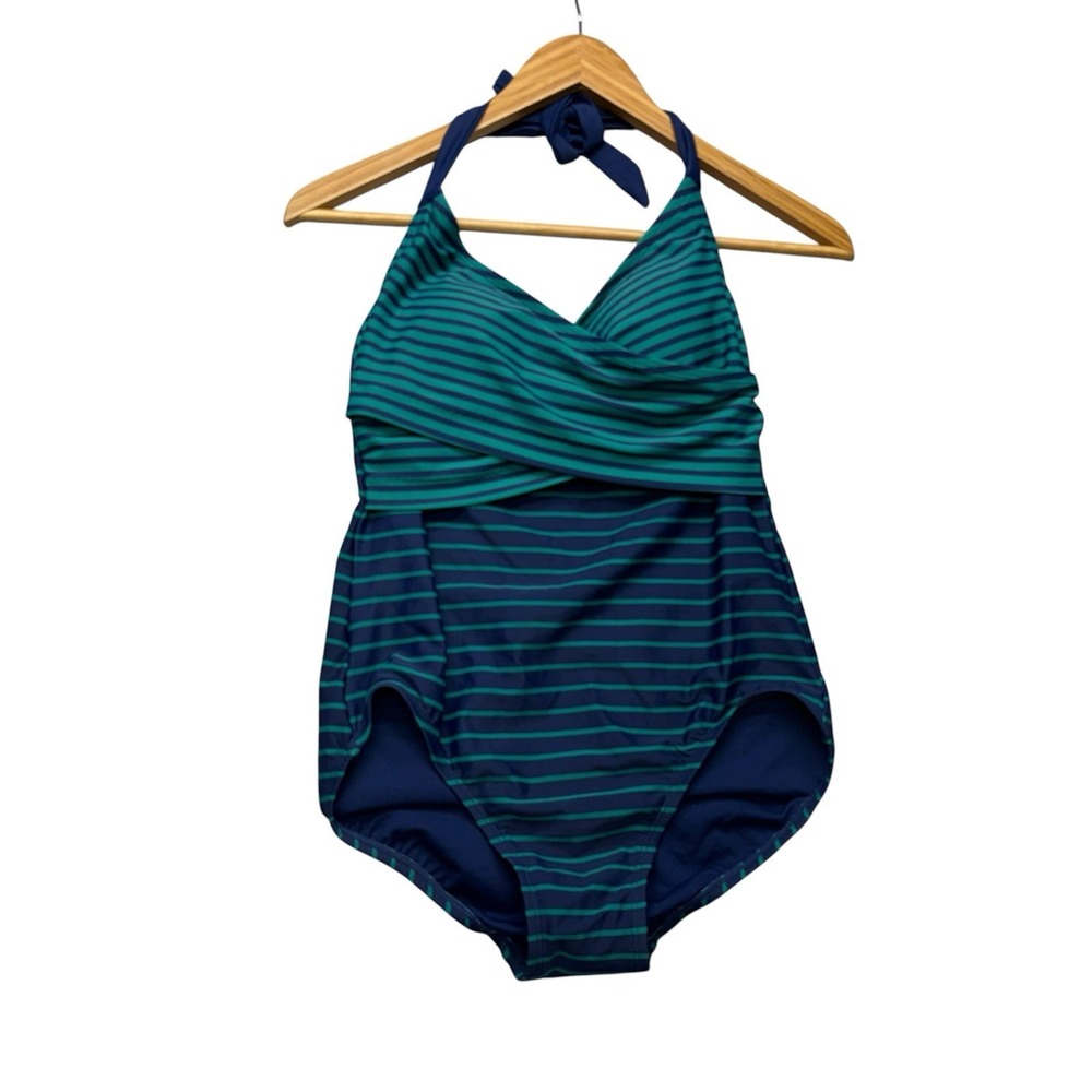 Time and Tru Teal and Navy Halter Ruched One-Piece Swimsuit
